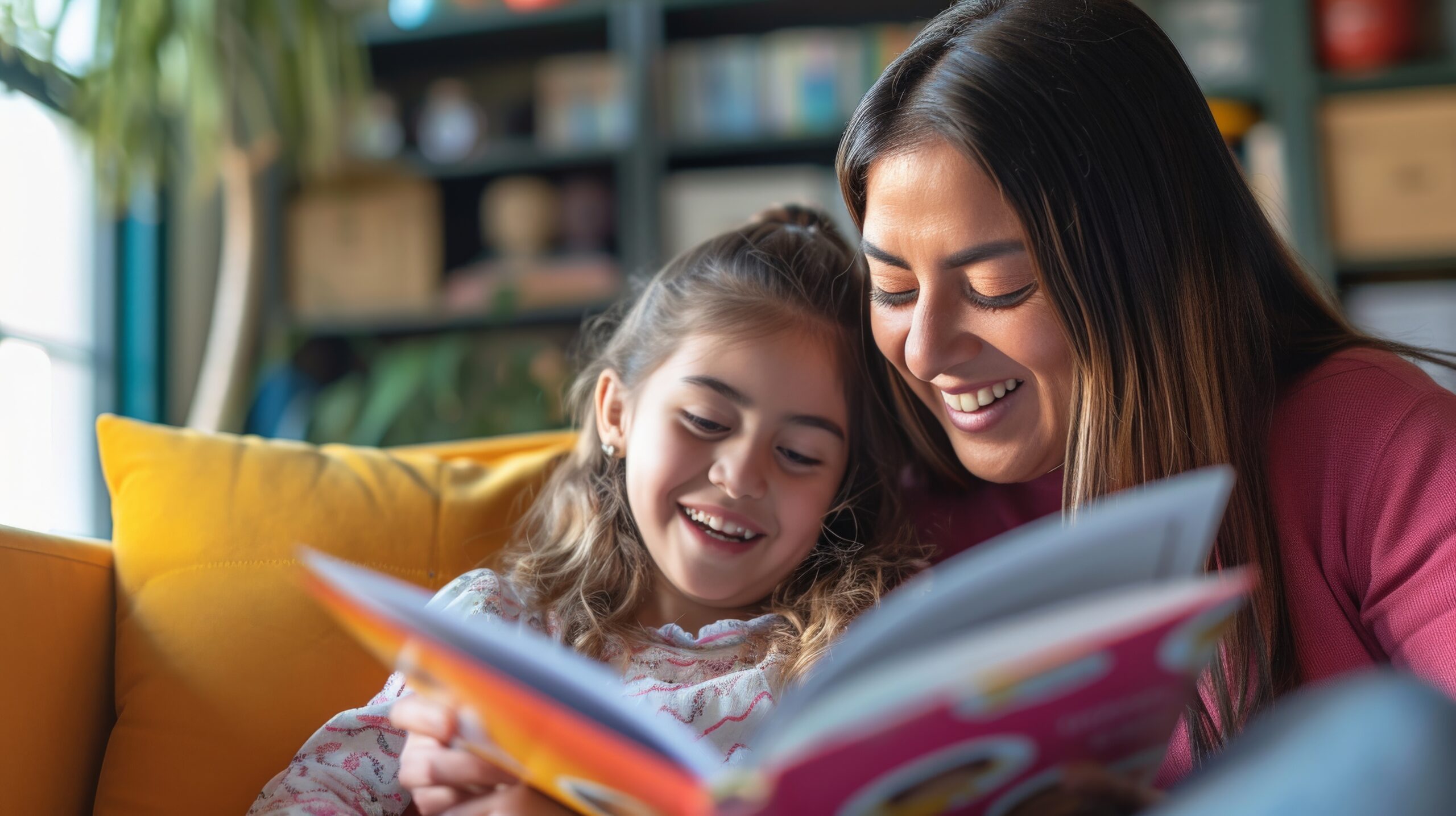 Smiling Latin teen girl and her mom reading a book at home