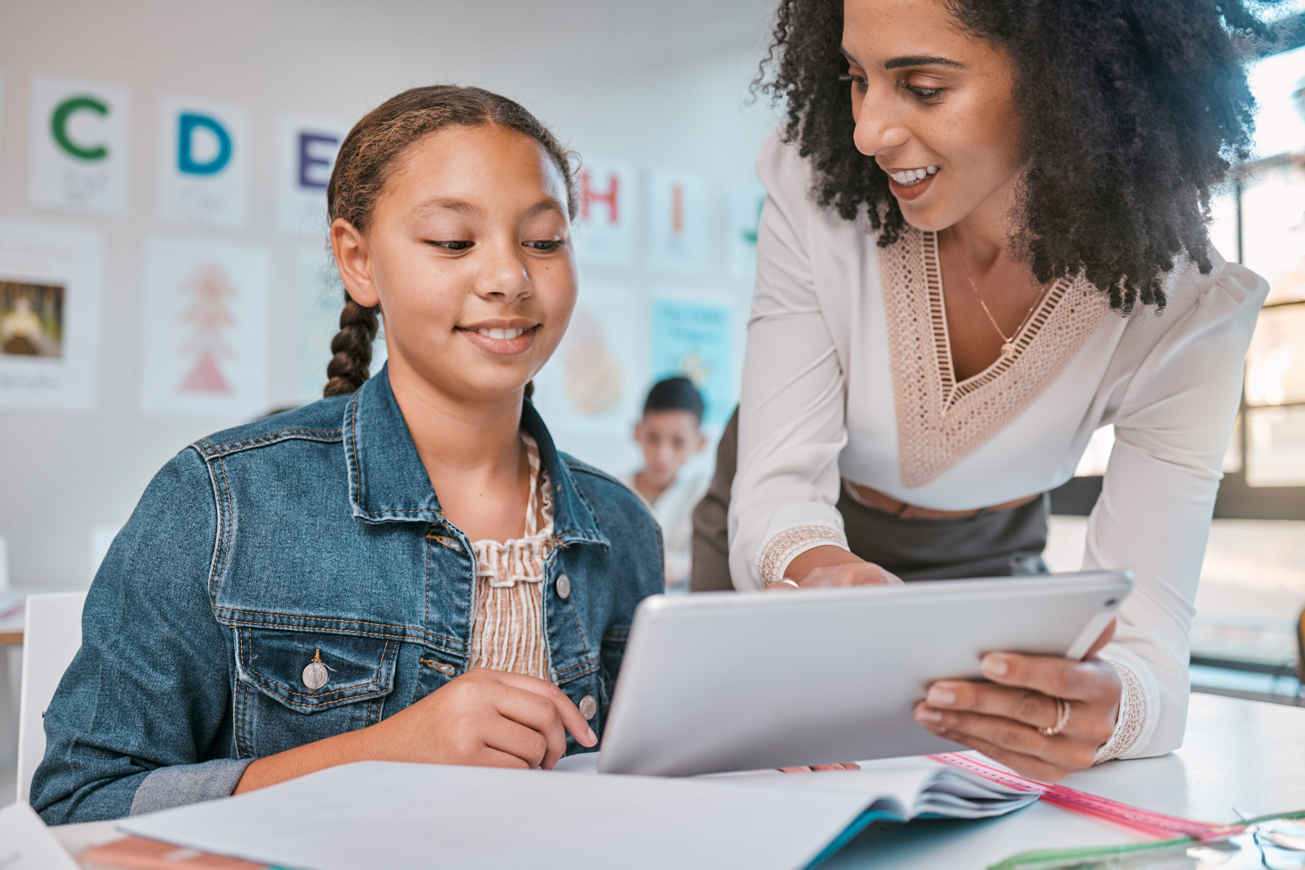 Education, girl or teacher and student on tablet for exam learning, assessment idea or scholarship support.