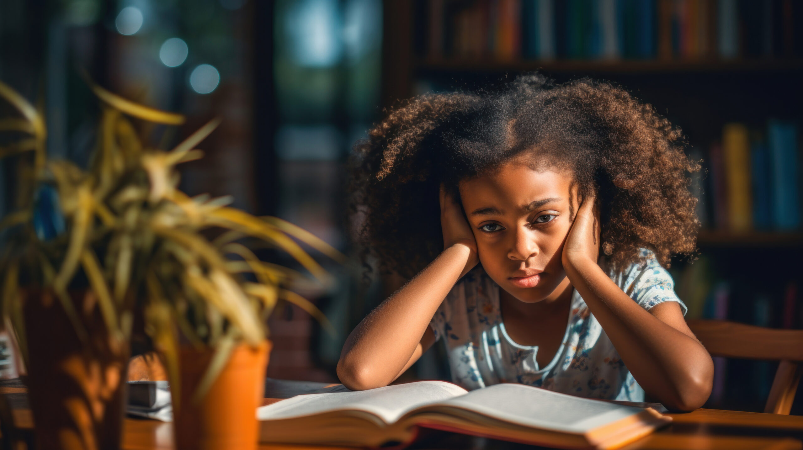 A frustrated young girl pictured with a book struggling with learning disabilities